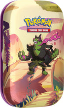 Pokémon TCG: Escarlate e Violeta — Mini lata de fábula envolta – Okidogi (2 pacotes de reforço e 1 folha de adesivo)