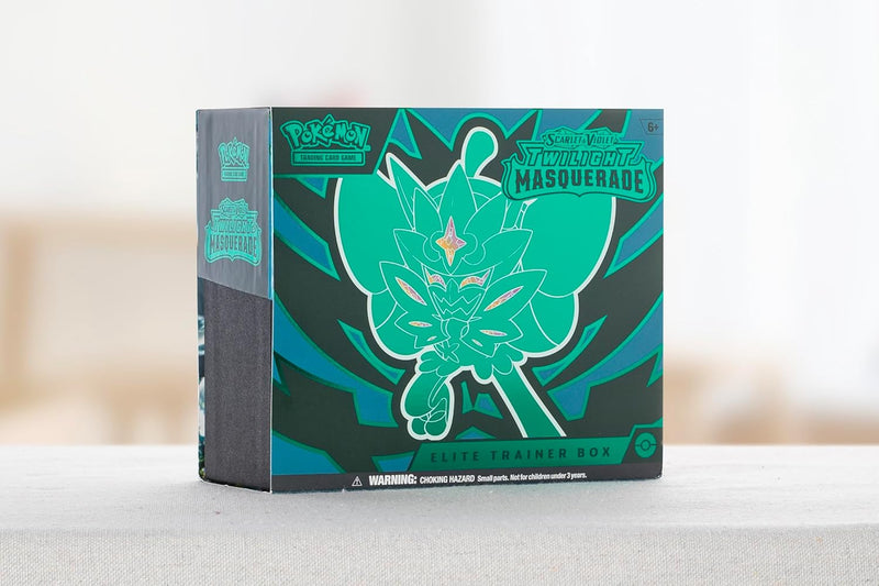 Pokémon TCG: Scarlet & Violet—Twilight Masquerade Elite Trainer Box (1 cartão promocional Ogerpon com máscara azul-petróleo completa, 9 boosters e acessórios premium)