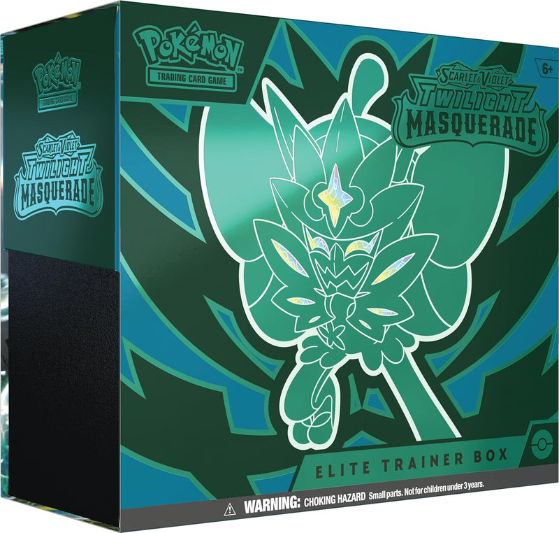 Pokémon TCG: Scarlet & Violet—Twilight Masquerade Elite Trainer Box (1 cartão promocional Ogerpon com máscara azul-petróleo completa, 9 boosters e acessórios premium)