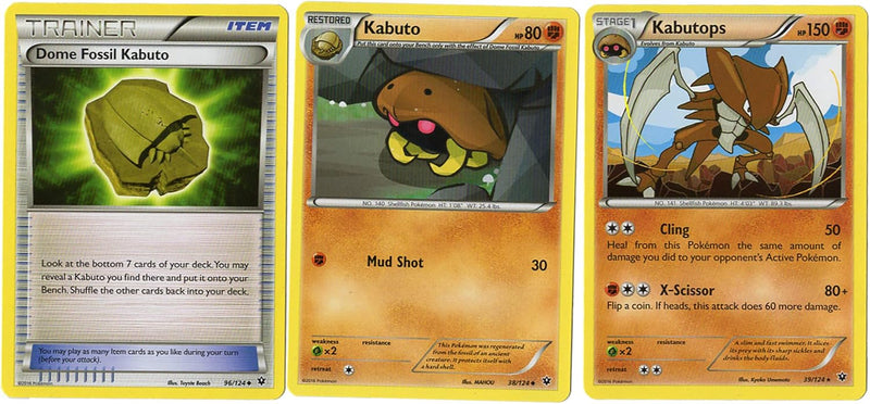 Pokemon Evolutionary Card Set - Kabutops Kabuto & Dome Fossil - Fates Collide 39/124 - Rare 3 Card Lot