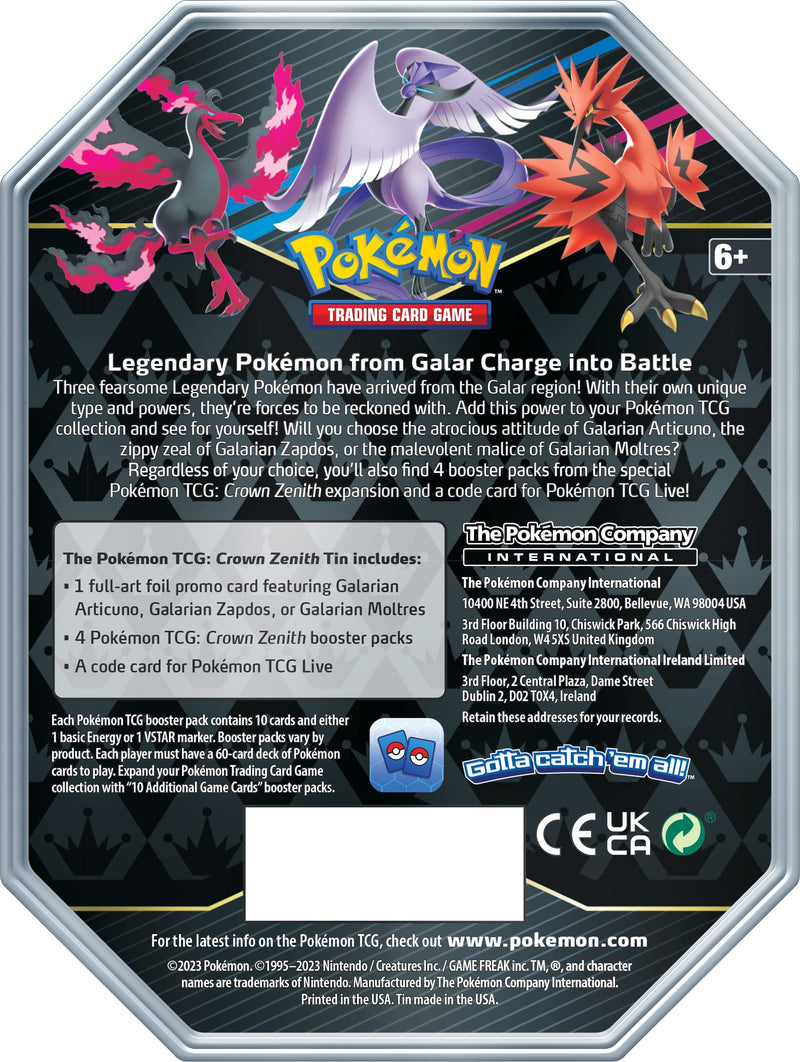 Pokémon TCG: Crown Zenith Tin – Galarian Zapdos (1 Foil Card & 5 Booster Packs)