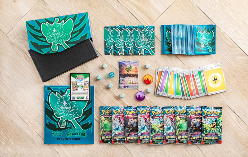 Pokémon TCG: Scarlet & Violet—Twilight Masquerade Elite Trainer Box (1 cartão promocional Ogerpon com máscara azul-petróleo completa, 9 boosters e acessórios premium)