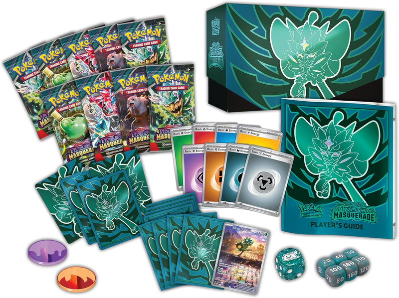 Pokémon TCG: Scarlet & Violet—Twilight Masquerade Elite Trainer Box (1 cartão promocional Ogerpon com máscara azul-petróleo completa, 9 boosters e acessórios premium)
